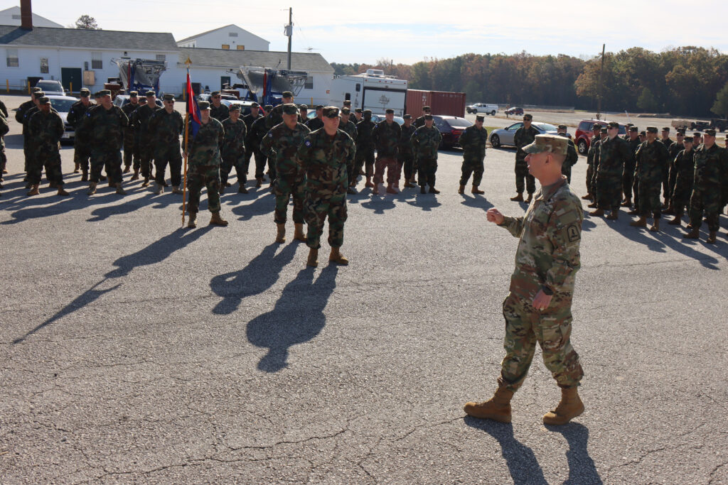 <strong>Maj. Gen. James W. Ring, the Adjutant General of Virginia, visits members of the Virginia Defense Force at the end of their multi-day unit training assembly Nov. 5, 2023, at Fort Barfoot, Virginia. Ring thanked the them for volunteering their time to conduct training and presented his challenge coin to select personnel identified by their chain of command for outstanding duty performance. (Virginia Defense Force photo by Lt. Col. (Va.) Cotton Puryear)</strong>